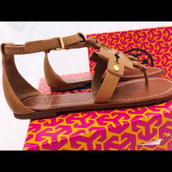 Tory Burch Phoebe Flat Thong Sandals Tan Logo - Picture 8 of 8